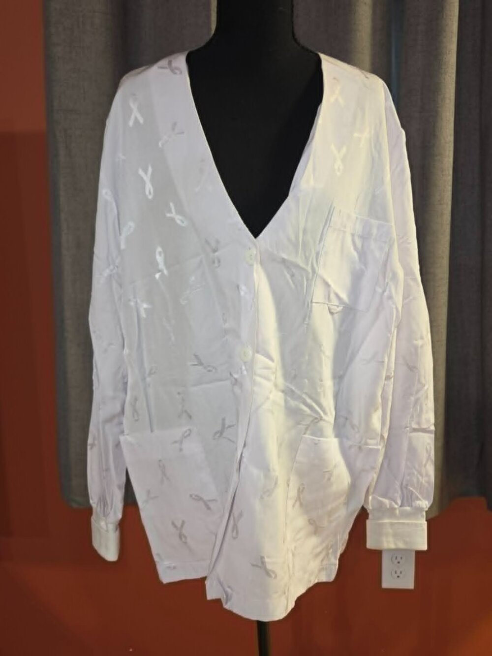 White Cross Awareness Ribbon Warm Up Scrub Jacket White Button Front